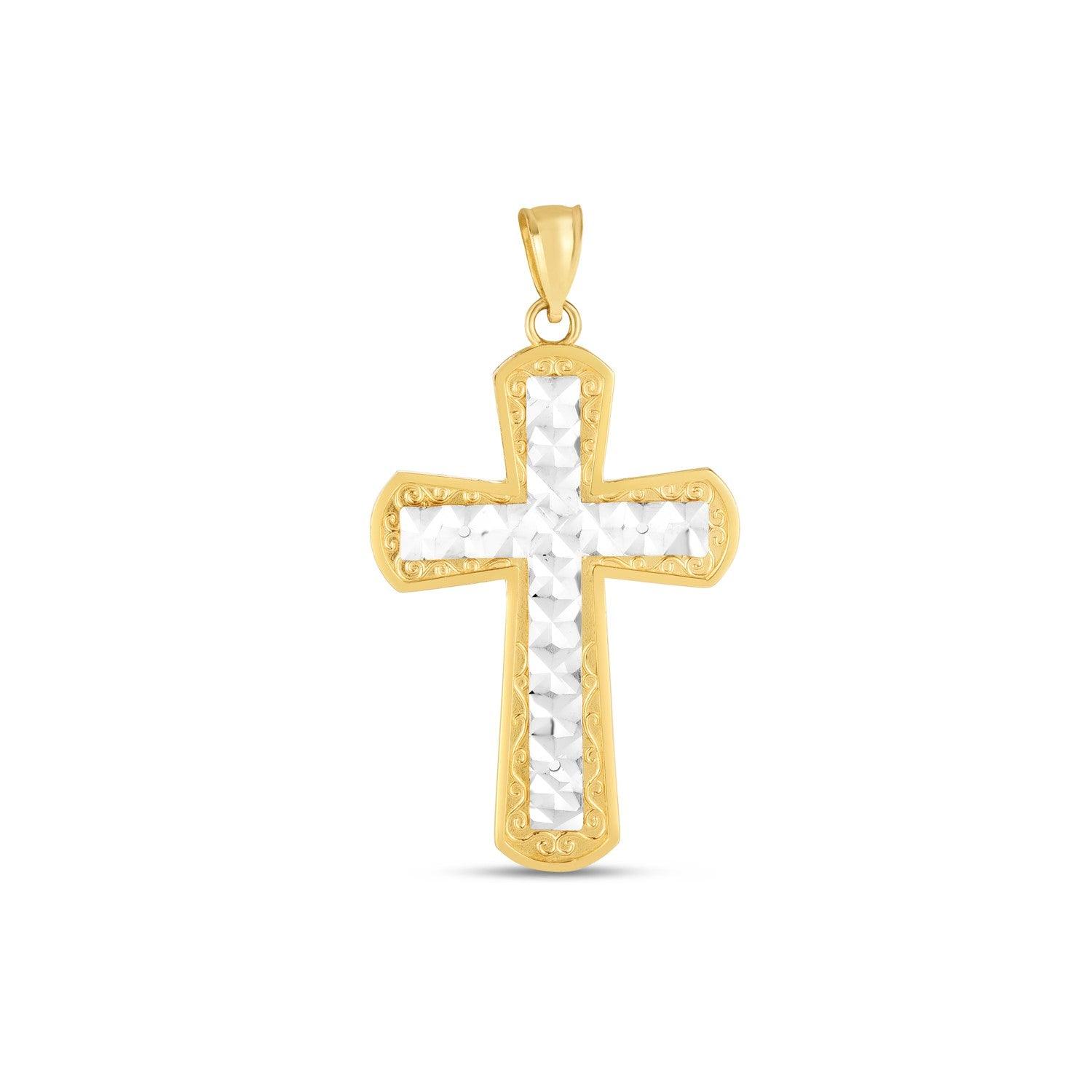 14k Two Tone Gold High Polish Diamond Cut Cross Pendant - MeinSchmuckShop